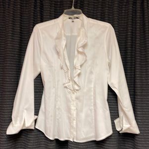 Beautiful!  Paperwhite Front Ruffle Blouse Shirt Top size 12 Mandarin Collar